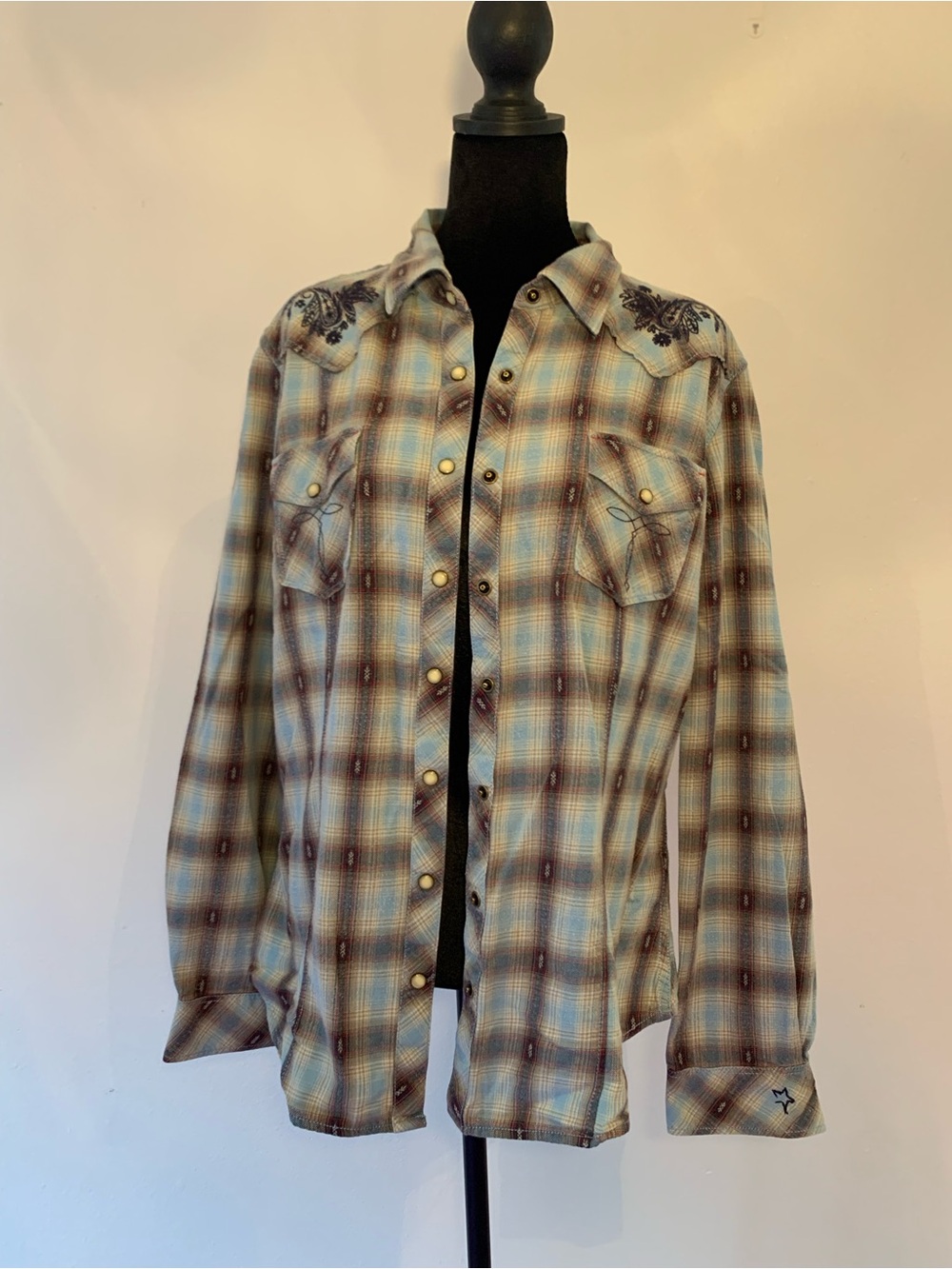Embroidered Plaid Button-Down Shirt - Blue and Brown